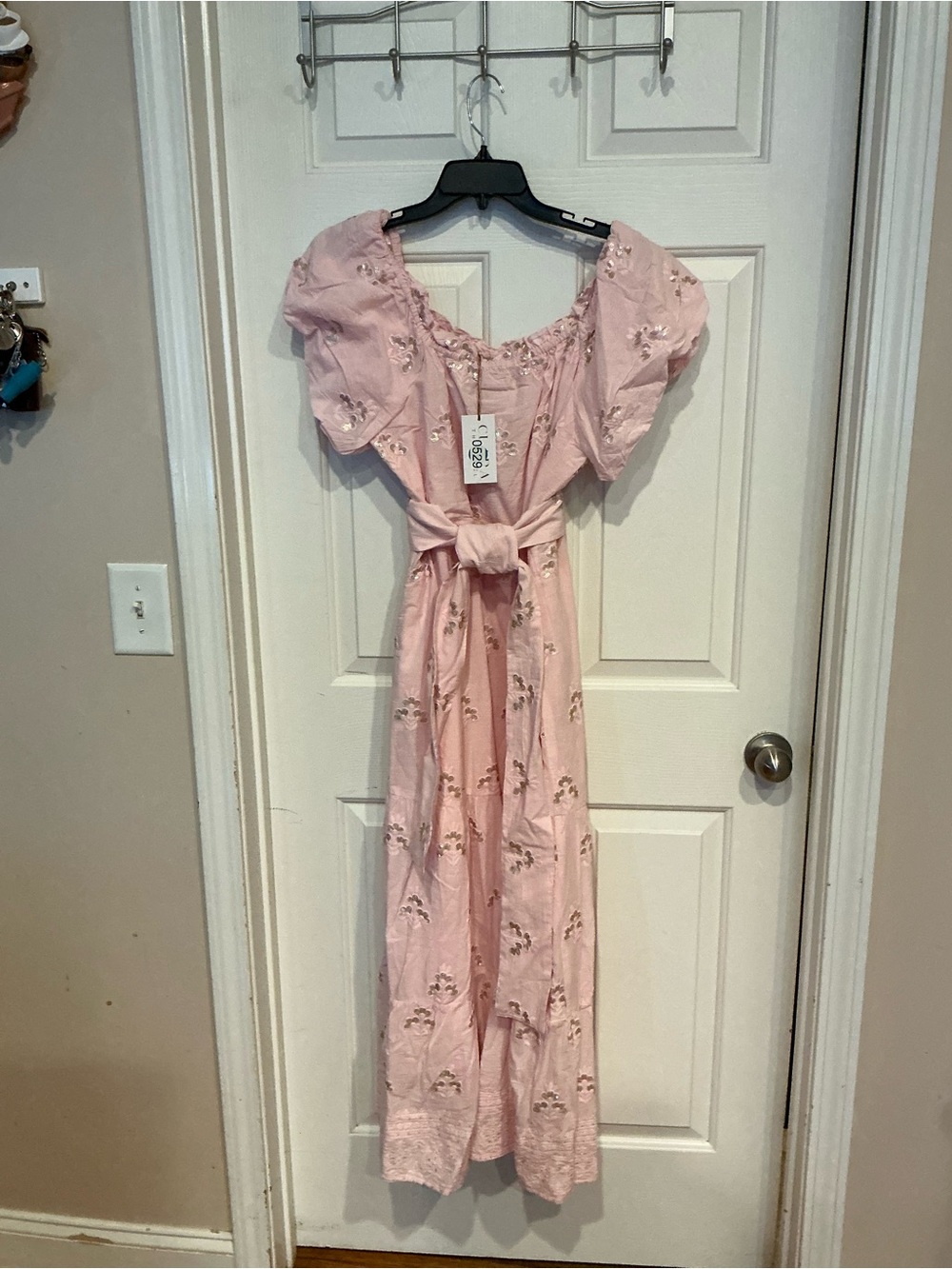 Pink Floral Maxi Dress with Tie Waist and Puff Sleeves